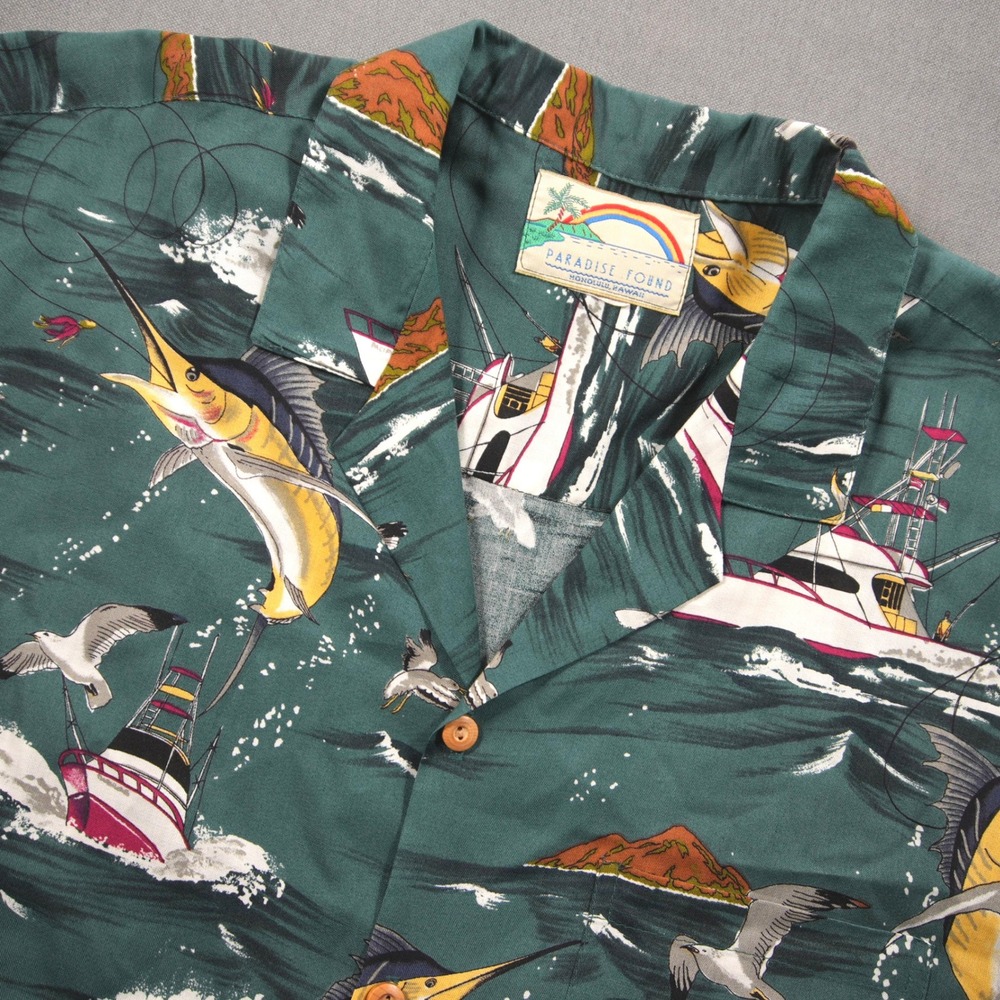 Paradise Found Marlin Fishing Rayon Men Shirt XL Hawaiian Aloha Coastal Retro